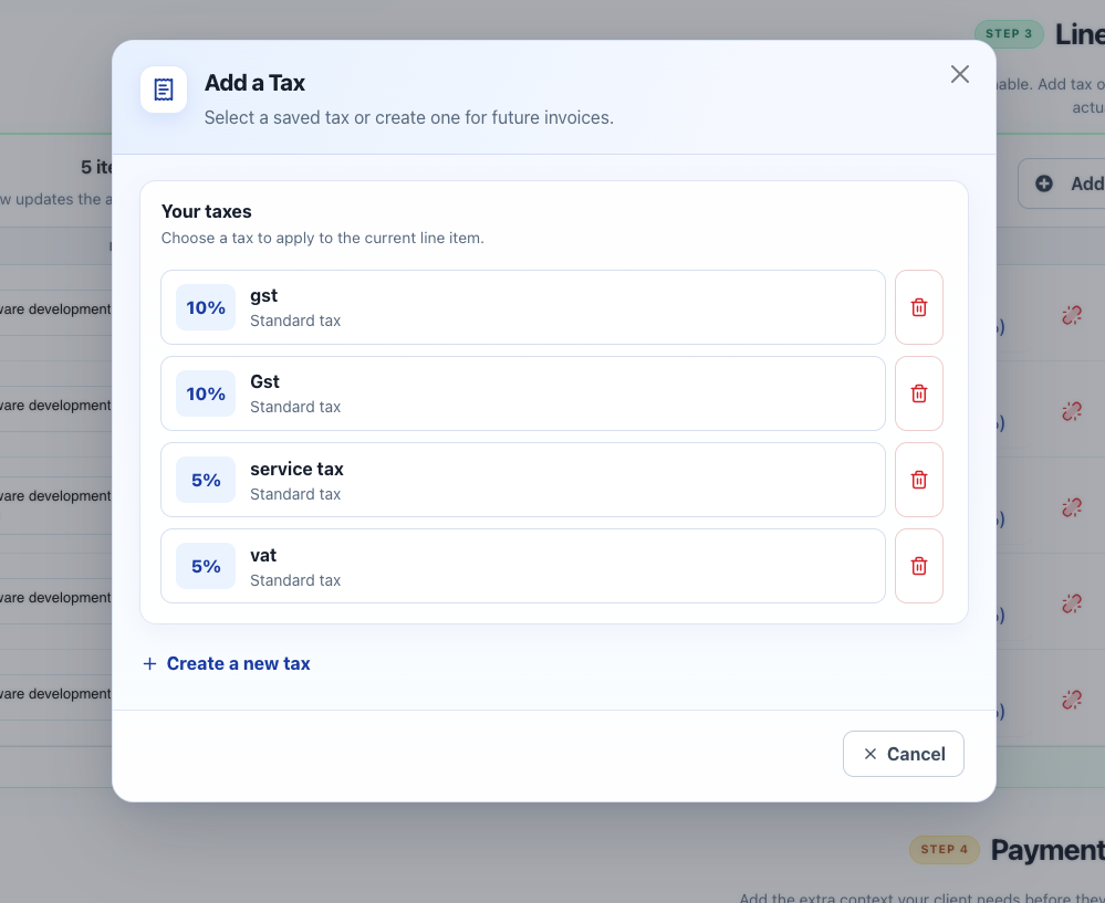 TalliDraft tax selection dialog