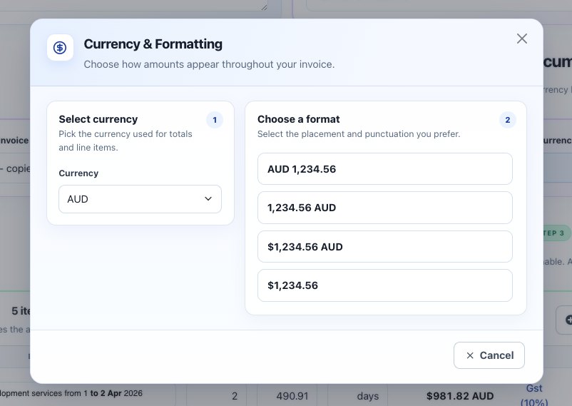 TalliDraft currency and formatting dialog
