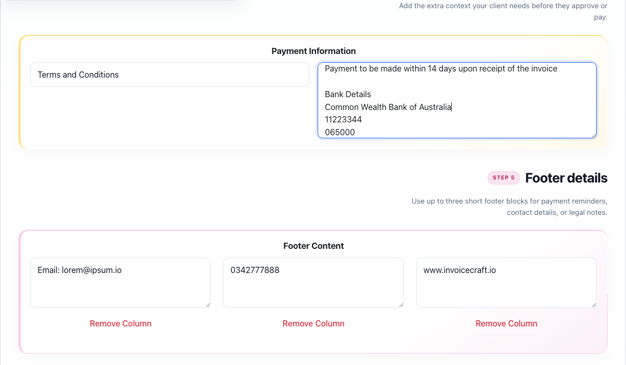 TalliDraft footer content fields