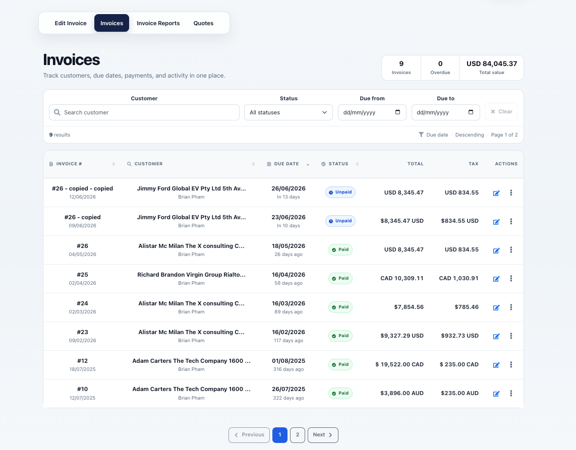 TalliDraft saved invoice list